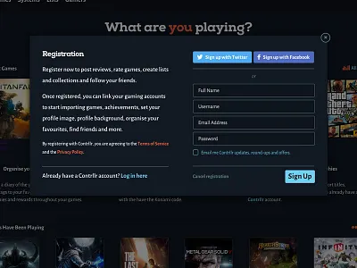 Contrllr Register Modal buttons contrllr form game modal register social type ui ux