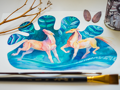 Watercolor Horses blue gold horse illustration painting paper watercolor