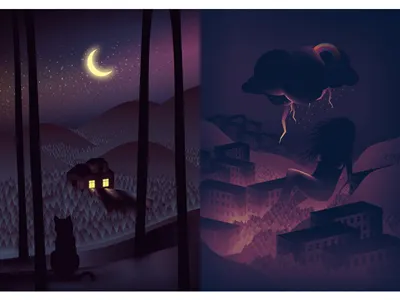 Hills animals art design hills illustration landscape lights nature night sky town village