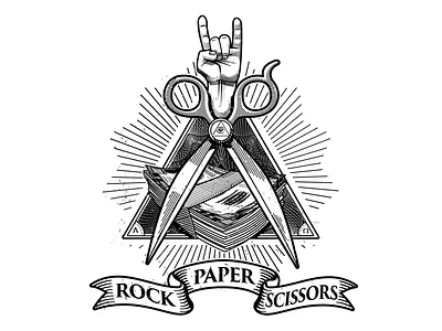 Rock Paper Scissors fremasons handshake illustration insignia money paper rock scissors secret sign society tshirt