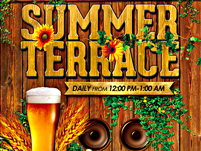 Summer Terrace Flyer advertising flyer autumn dark beer festival brewery germany octoberfest oktoberfest pub sport bar summer terrace tavern wood wall