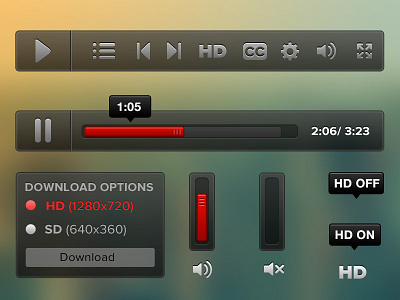 Video player elements controls design hd icon icons kit player scrub bar ui video video player web