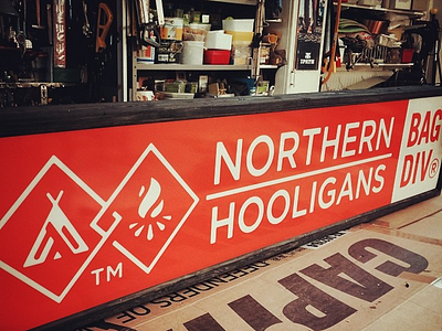 Northern Hooligans Bag Div Signage bag division bags carriers growcase hiking logo logo design northern hooligans sub branding