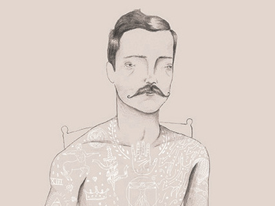 Tattooed Man creepy drawing illustration mustache pencil tattoo tattooed man vintage