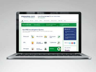 Concept website Moveme conveyancers home insurance man van moving house removals tradesmen utilities