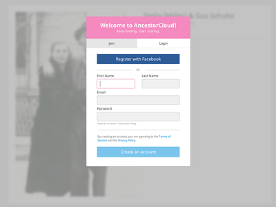 AncestorCloud user authentication modal app design flat ui user interface ux web