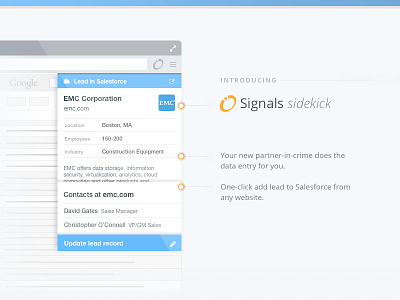 Promotional slide for Signals feature (2/2) browser cloud crm gmail gradient insights marketing resize sales sidebar sync users