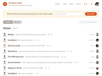 Product Hunt brown orangered upvote website yellow