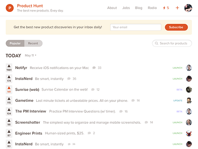 Product Hunt brown orangered upvote website yellow