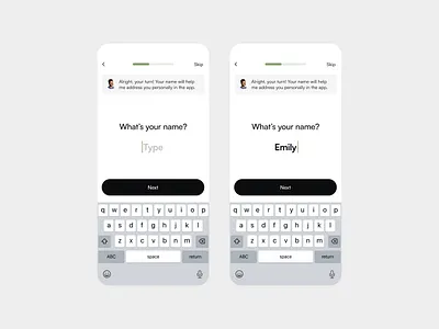 Mobile App Design: Fitness Tracking add name field fitness fitness tracking input minimal design mobile name onboarding personalization progress progress bar skip text field ui user interface user name