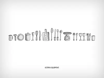 Kitchen Equipment bowl cookery book cutlery dish drawing food fork illustration knife plate sketch utensils