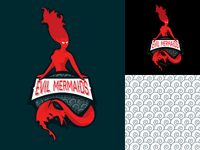 Evil Mermaids badge blue fantasy football illustration logo red