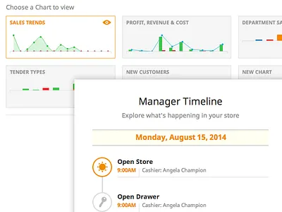 CashierLive Dashboard barchart cashierlive charts dashboard feed graphs interface linechart realpixels timeline ui webapp