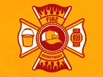 Firefighter badge bucket cap emblem fire flames texture watch