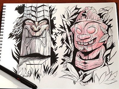 Tikis brush pen drawing hawaiian illustration ink royal tiki tikis