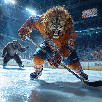 Muscular Lion Playing Ice Hockey (Ai generated) ai generated ice hockey lion muscular lion