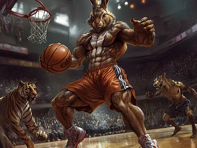 Muscular Rabbit Playing Basket Ball (AI Generated) ai generated animals basketball muscular rabbit