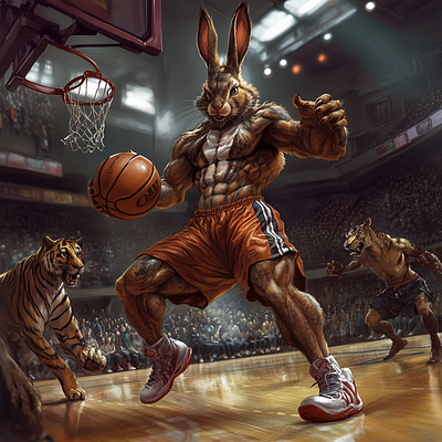 Muscular Rabbit Playing Basket Ball (AI Generated) ai generated animals basketball muscular rabbit