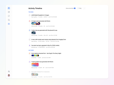 AI Activity Timeline activity activity feed ai cards filter icons image generation logs minimal product design thread timeline ui ux design