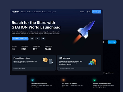 STATION - Investment Platform airdrop blockchain blockchain projects dark theme design finance illustration investment landing page launch button launchpad modern design multi chain platform rocket icon ui design ux design uxui web ui web ux