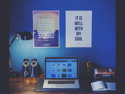 Home office blue wall desktop prints retina verses workplace