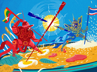 Food Fight! asia burma chop sticks egg flag illustration muti noodles prawn rice thailand warriors