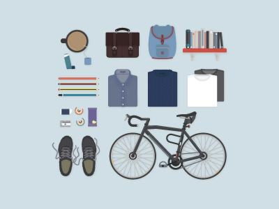 Dribbble bike blue folded illustration items nike packing pencil shoes tea