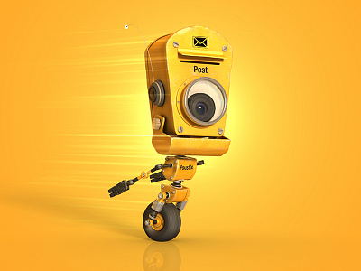 PoustEx 3d animation cartoon cgi mail post robot yellow