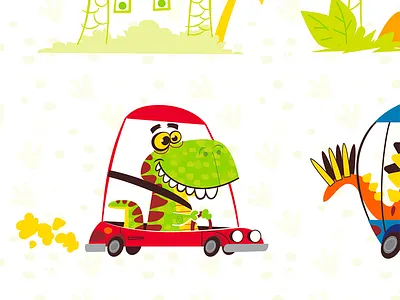T-Rex Driving Car cartoon dinosaurs humor vector
