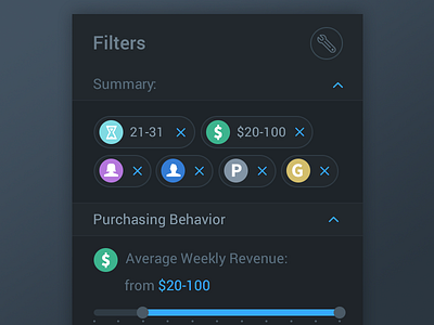 UI element -Filters close dark dashboard filters panel settings slider summary tag ui ux