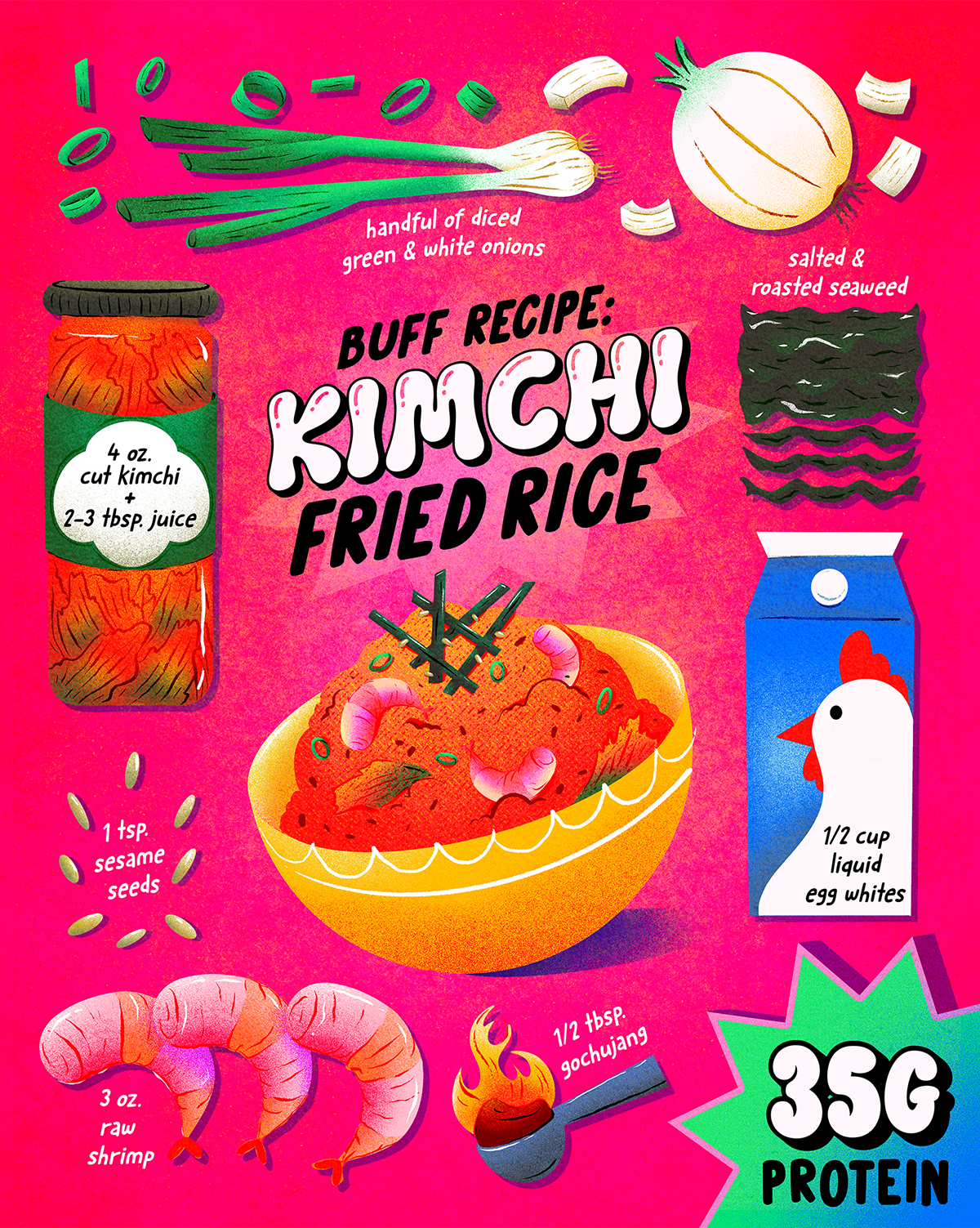 Buff Recipes: Kimchi Fried Rice art cooking design digital food fried rice gym illustration kimchi lettering protein recipe typography