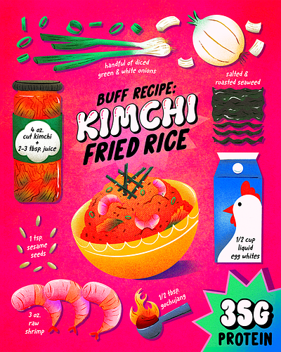 Buff Recipes: Kimchi Fried Rice art cooking design digital food fried rice gym illustration kimchi protein recipe typography