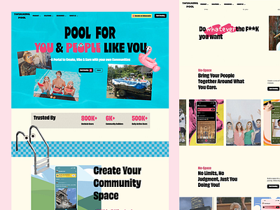 Creative Community Portal UI Design bold typography community building community platform creative design creative expression digital community space engaging ui fun branding interactive design modern web design motion graphics onchain users playful visuals quirky interface social connection swimming pool theme ux ui vibrant colors visual storytelling