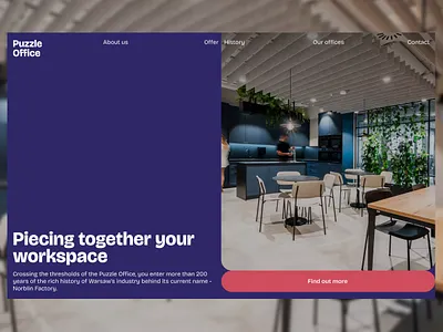 Co-working Space Website Redesign Puzzle Office book booking building business cafe coworking coworking space first section hero section home page landing page meeting office rent room space web web design work working