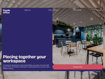 Co-working Space Website Redesign Puzzle Office book booking building business cafe coworking coworking space first section hero section home page landing page meeting office rent room space web web design work working