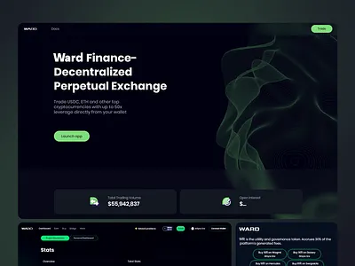 WARD FINANCE LANDING PAGE animation black theme blockchain crypto cryptocurrency dark theme defi design dex fintech illustration interface design landing page perpetual exchange responsive layout staats tarding platform ux design uxui visual design
