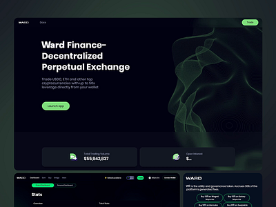 WARD FINANCE LANDING PAGE animation blockchain crypto dark theme defi design dex illustration landing page perpetual exchange responsive layout tarding platform ui ui design ux ux design uxui visual design web ui web ux