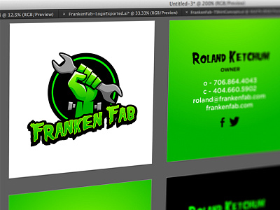 Franken Fab Business Card Design automotive branding business card custom fabrication fist frankenstein green hand logo mechanic wrench