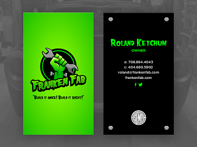 Franken Fab Business Cards - Update automotive branding business card custom fabrication fist frankenstein green hand logo mechanic wrench