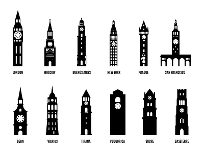 12 Minimalist Clock Towers - Free Illustration Set architecture building clock tower landmarks