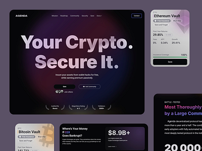 AGENDA: Crypto Insurance Landing Page bitcoin blockchain crypto insurance dark theme design digital interface finance website investment landing page responsive design secure ui ui design ui ux user experience user interface ux design uxui web design web ui