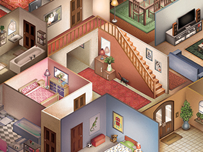 Home bathroom bedroom digital painting door home house illustration isometric muti room stairs walls