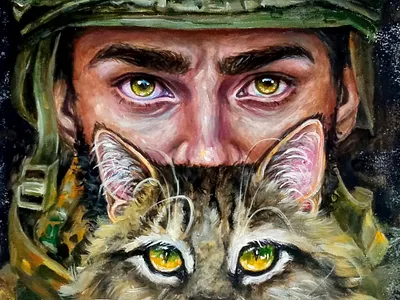 Eyes of Courage: Ukrainian Soldier and His Feline Companion art cat hand painted man paint painting portrait soldier ukraine war