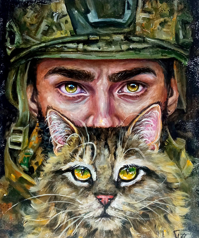 Eyes of Courage: Ukrainian Soldier and His Feline Companion art cat hand painted man paint painting portrait soldier ukraine war