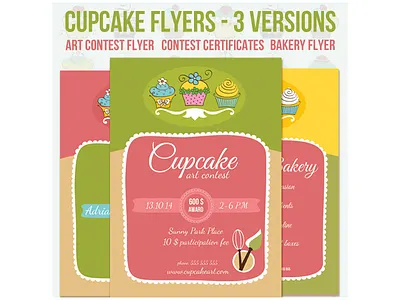 Cupcake Art Contest and Bakery Flyers bakery cake colored cupcakes emblem flyers food hand drawn icons print ragerabbit template
