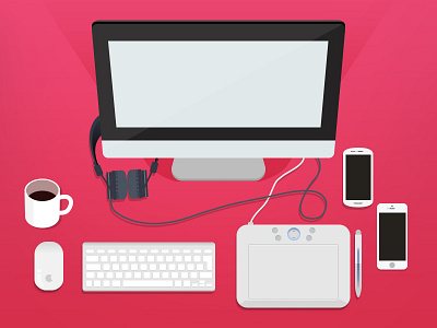 Desk apple coffee desktop flat headphone illustration keyboard mouse mug pen phone tablet