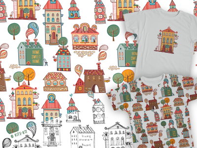 Buildings buildings doodle hand drawn houses illustration kite kit print t shirt