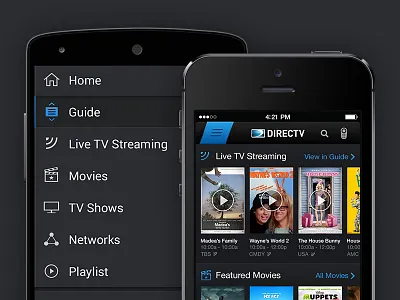 DIRECTV Phone Apps (iOS & Android) android carousels directv hamburger ios menu navigation tv ui