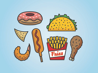 Friedfood chicken corn dog crispy taco donut food french fries fried shrimp icons illustration tasty tortilla chip vector