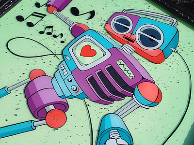 Retro Radio Robot Detail fine art fun art illustration music radio reverse glass painting robot timothy brennan